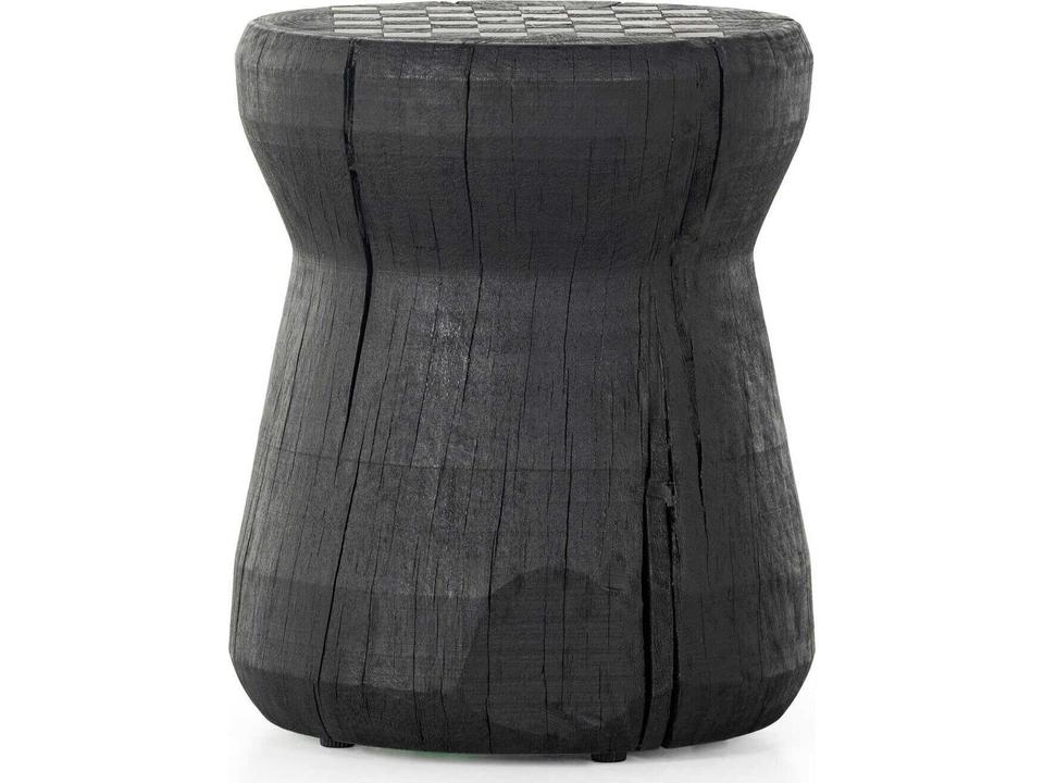 Wesson Chess Round Wood Carbonized Black Aged Metal End Table