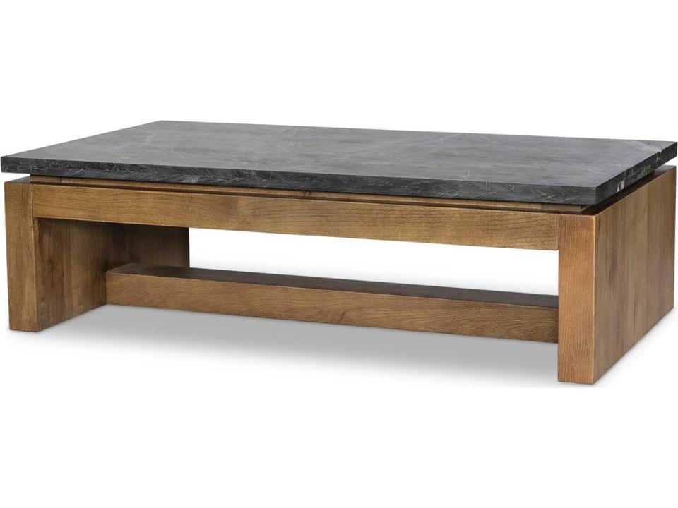 Kenneth Rectangle Coffee Table in Polished Black Marble and Dove Oak