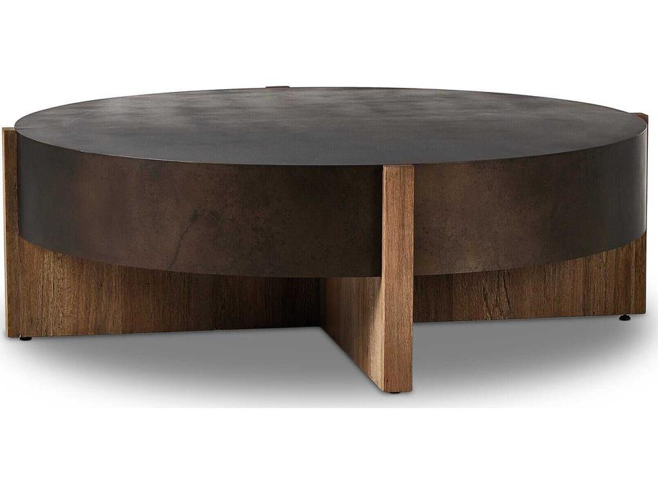 Wesson Bingham Large Round Coffee Table in Distressed Iron and Rustic Oak Veneer