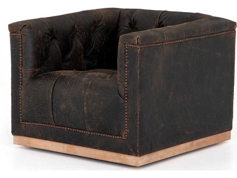 Maxx Swivel Accent Chair in Destroyed Black Top-Grain Leather