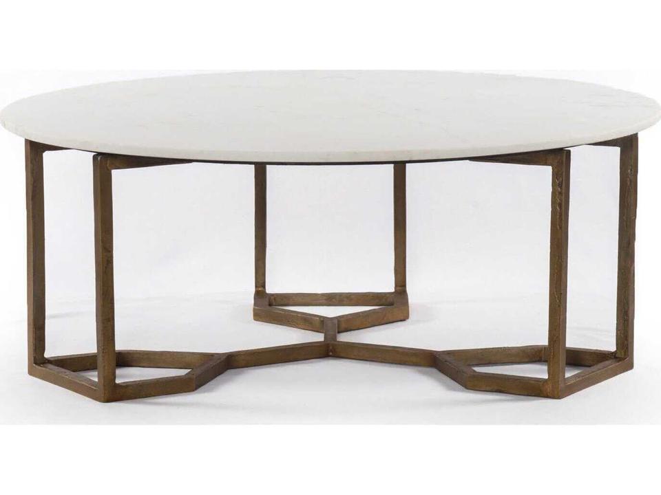 Marlow Naomi Round Coffee Table in Raw Brass and Polished White Marble