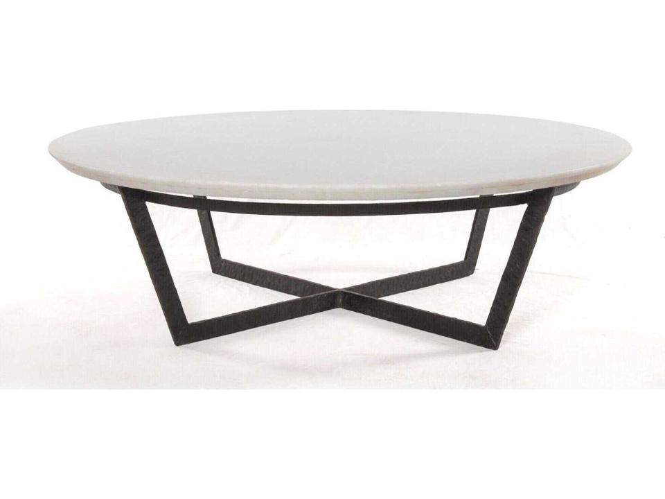 Theory Round Coffee Table with Sandblasted White Marble and Iron