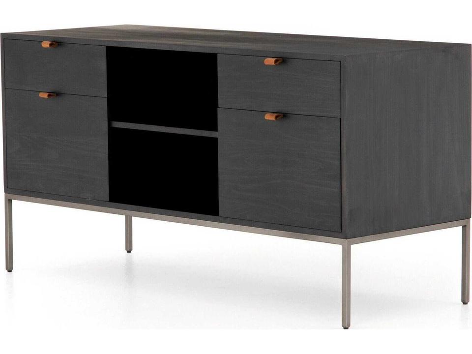 Fulton Trey Modular Filing Credenza Desk in Black Poplar and Toffee Leather