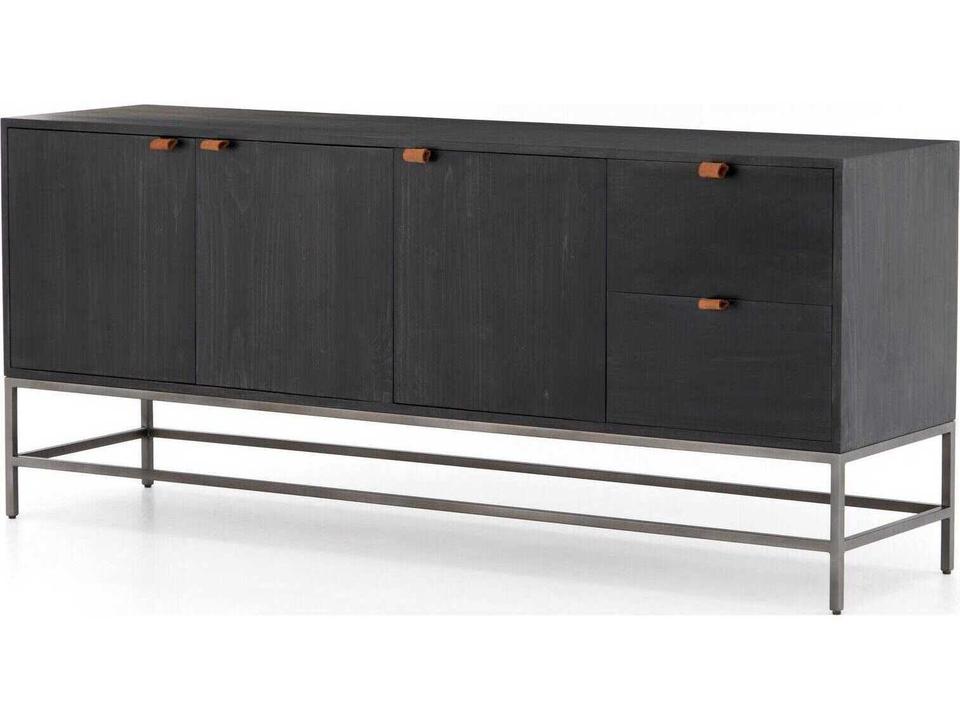 Trey Sideboard Black Wash Poplar with Leather Pulls