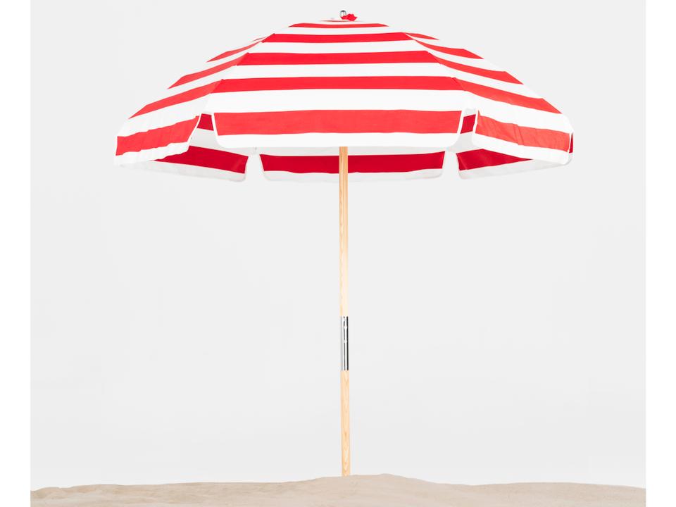 Frankford Emerald Beach Ash wood 6.5 Foot Hexagon Manual Lift Outdoor Patio Umbrella - Special Order Striped Fabric
