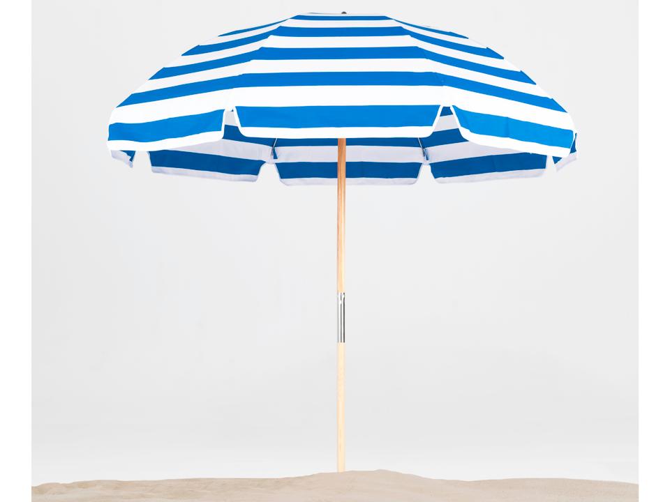Frankford Emerald Beach Ash Wood 7.5 Foot Octagon Manual Lift Patio Umbrella - Special Order Striped Fabric
