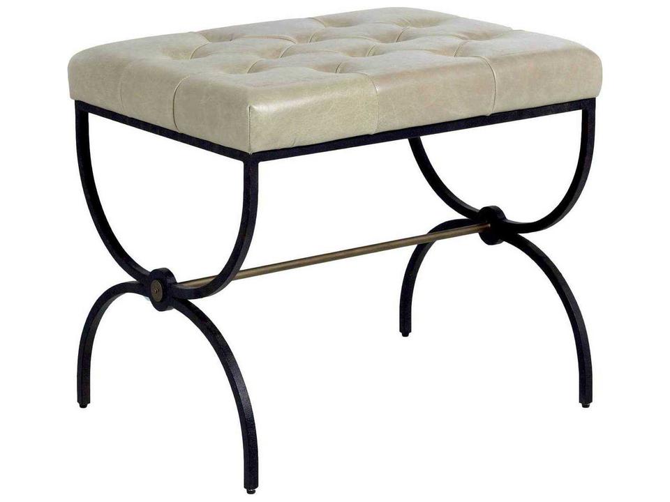 Galvin Accent Stool Gray Leather with Brushed Brass and Textured Black Frame