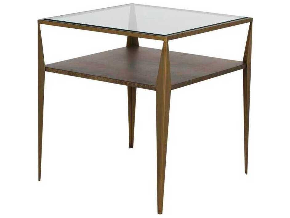 Winona Square End Table in Antique Brass and Magma with Tempered Glass
