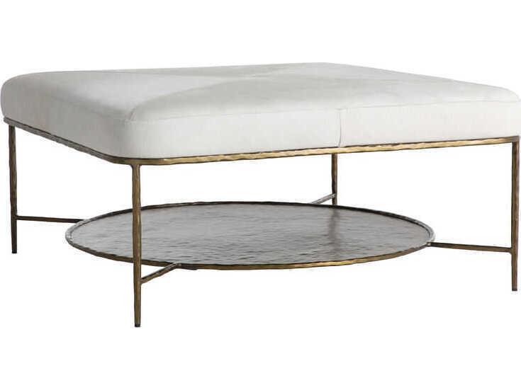 Laurie Square Ottoman with Natural Ivory Hair-on-Hide Upholstery and Brass Base