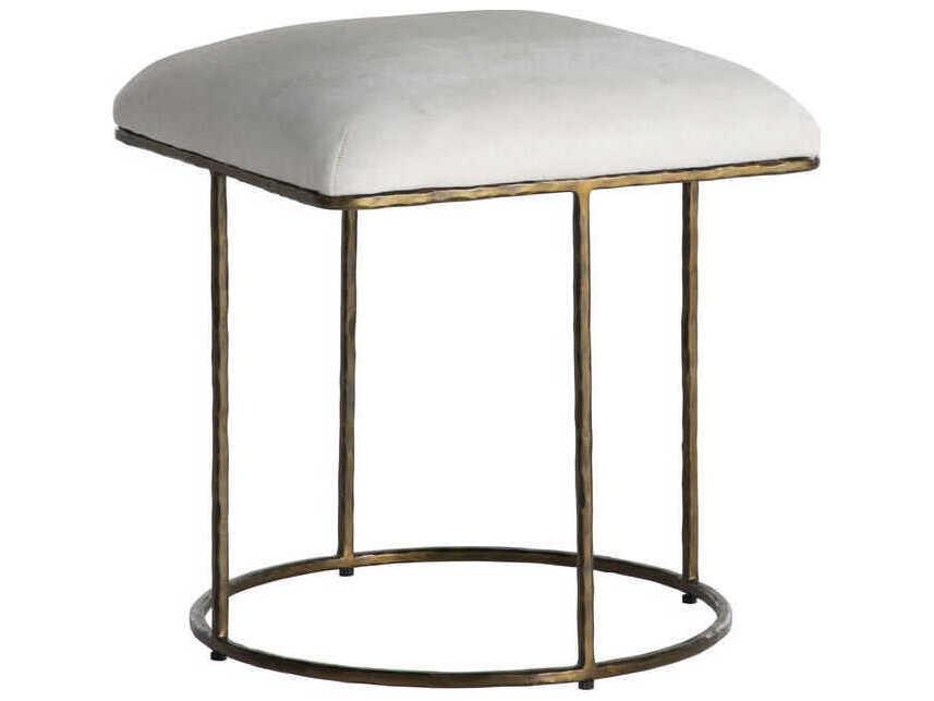 Lucas Upholstered Accent Stool in Natural Ivory Hide and Aged Brass
