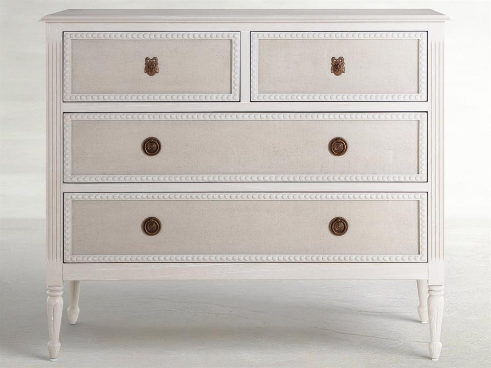 Caroline Accent Chest in Cerused White Painted Burlap Mahogany Wood