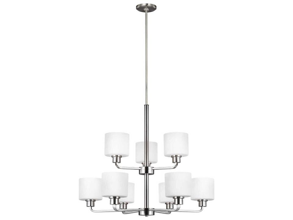 9-Light Canfield Chandelier Brushed Nickel Etched White Glass