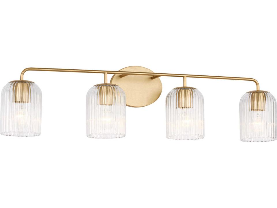 4-Light Eisele Bath Vanity Light in Satin Brass with Clear Ribbed Glass