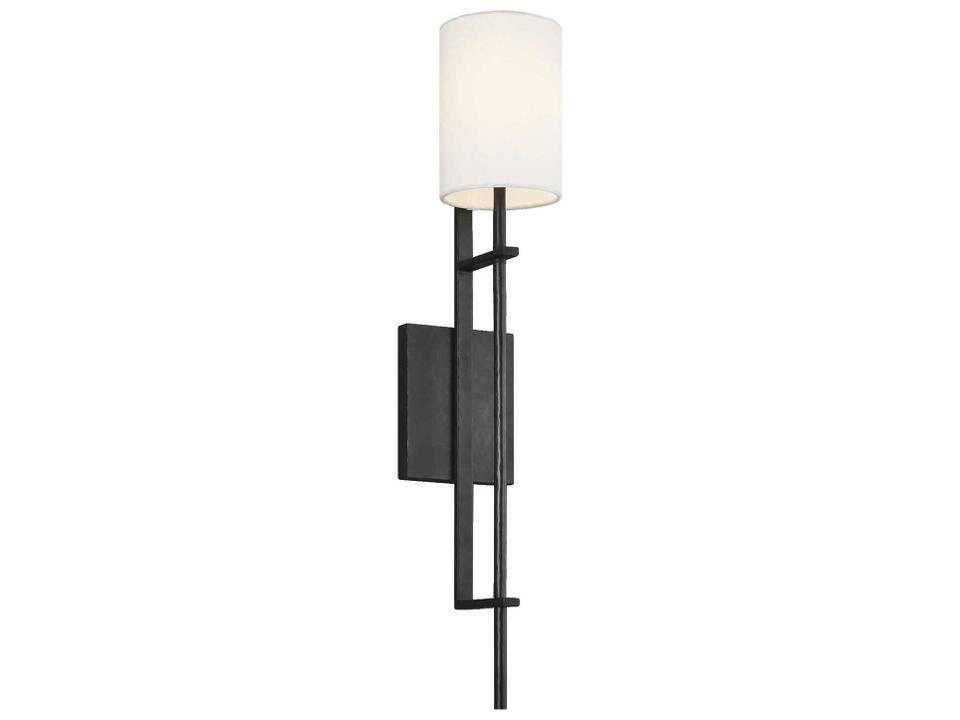 Ansley 1-Light Wall Sconce in Aged Iron with White Linen Shade
