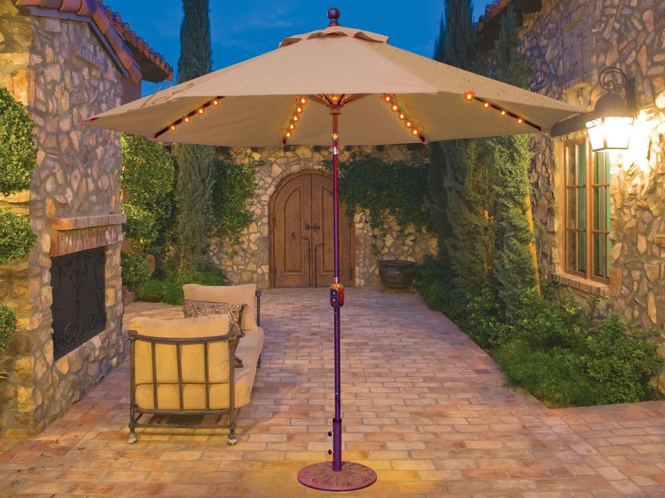 9 Foot Octagon Auto Tilt Crank Lift Umbrella with LED Lights