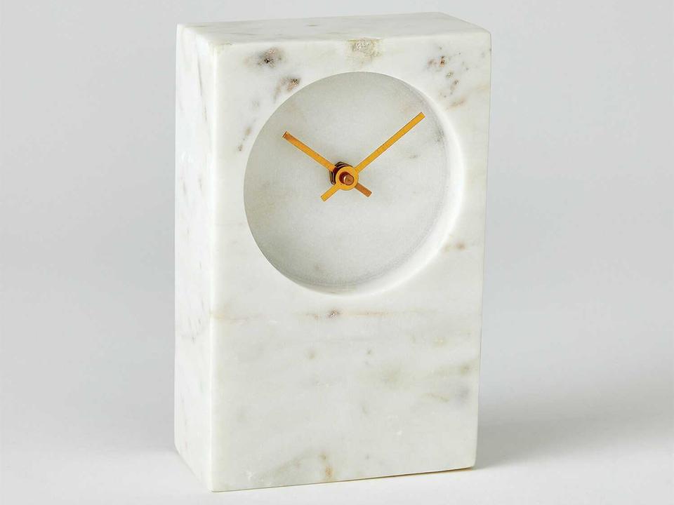 Marble Tower Clock in White with Brass Hands