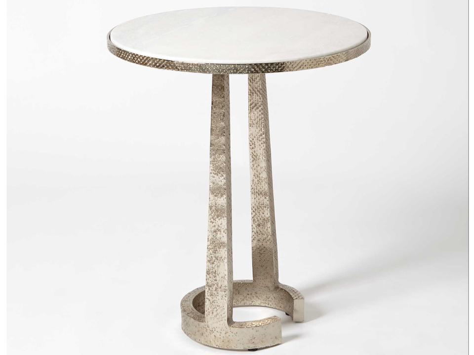 Round White Marble Top End Table with Hammered Nickel Finish