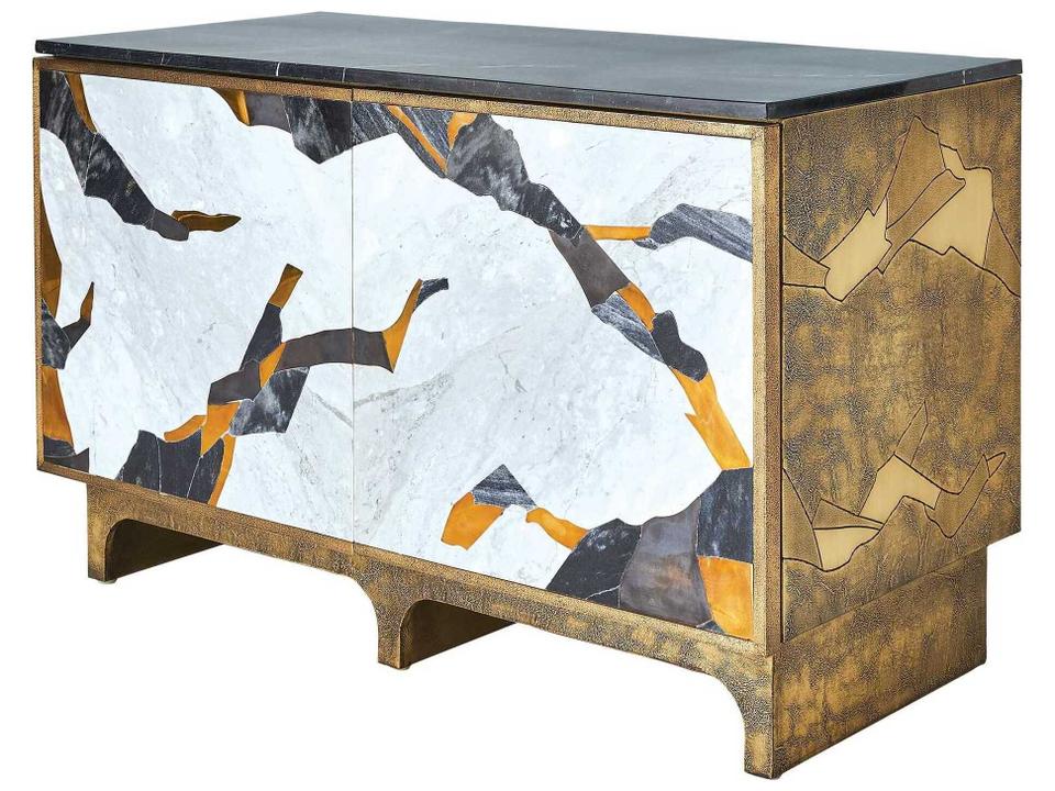 Inlay Black Marble Accent Chest with Polished Brass Accents