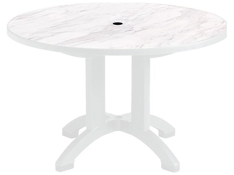 Aquaba 48 Inch Round Dining Table with Umbrella Hole in White Marble White