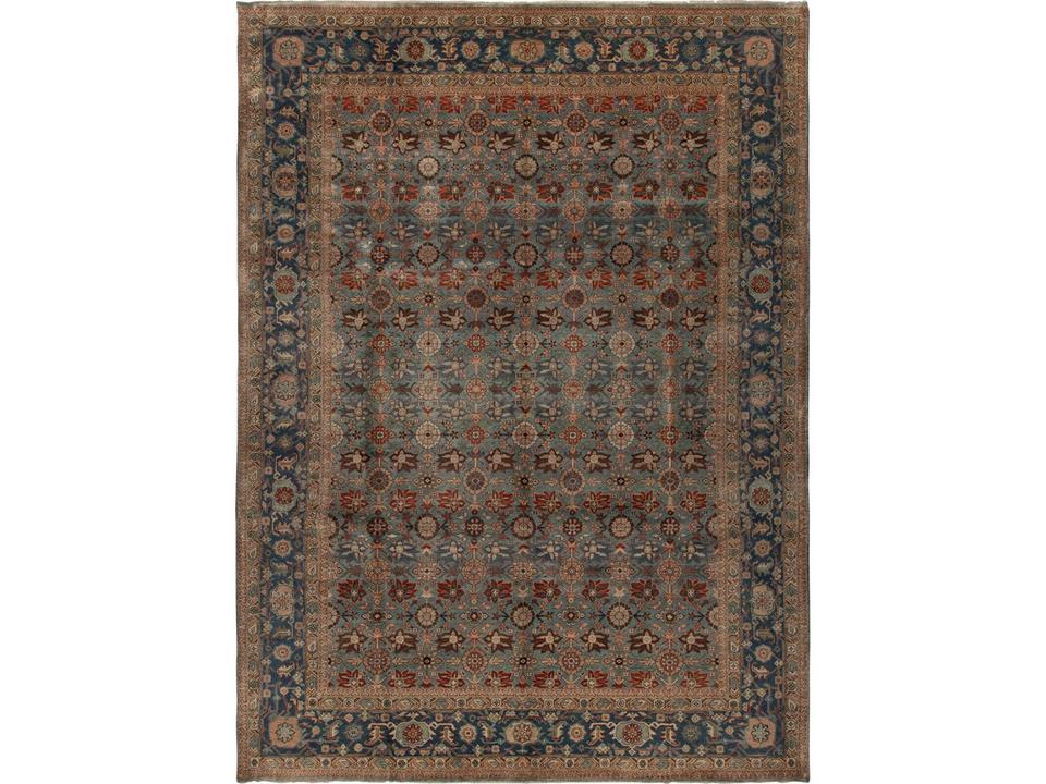 Antique Heriz Hand-Knotted Wool Area Rug Light Blue Medium Blue