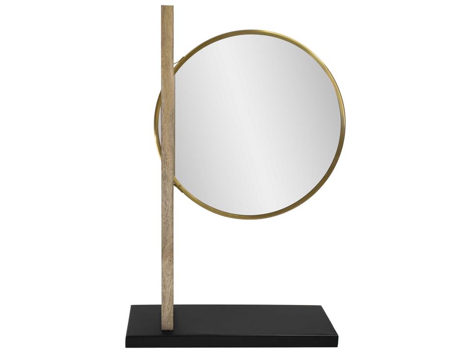 Skoda Round Table Top Mirror with Brass Frame and Mango Wood Base