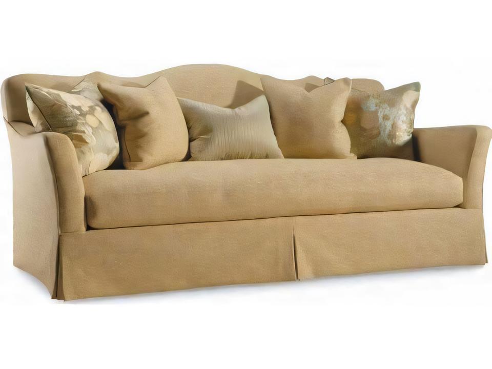Custom Elements Upholstery Tan Upholstered Sofa with Dressmaker Skirt
