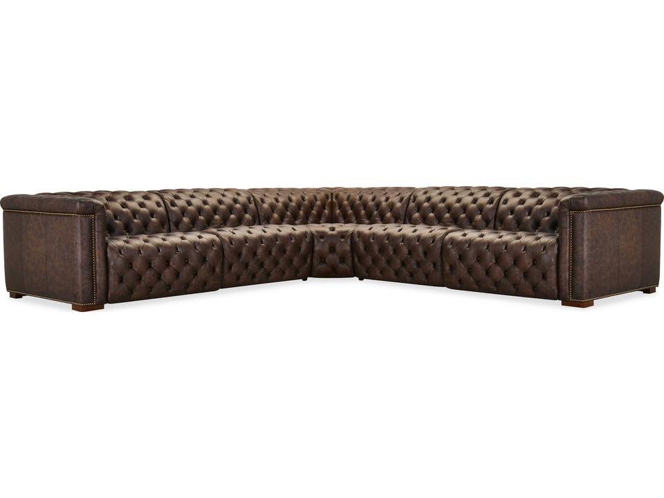 Savion Deux 5-Seat Power Reclining Leather Sectional in West Saddlewood Brown