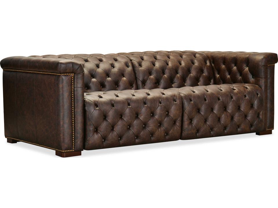 Savion Deux Power Reclining Leather Sofa with Power Headrests in West Saddlewood