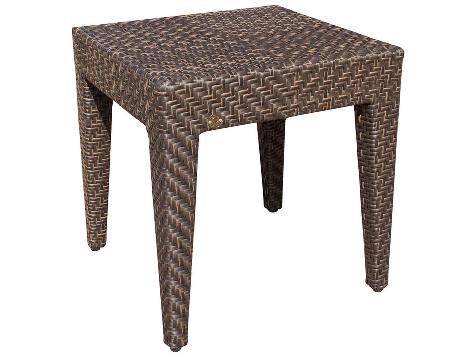 Hospitality Rattan Atlantis Outdoor Wicker End Table with Tempered Glass Top in Java Brown