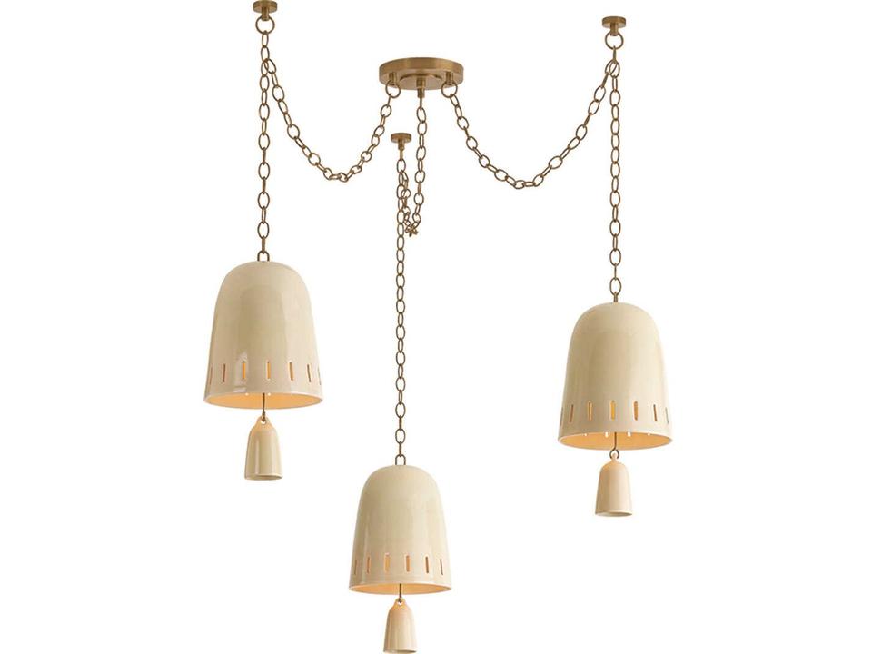 Omi 3-Light Patina Brass Ceramic Ivory Crackle Bell Chandelier