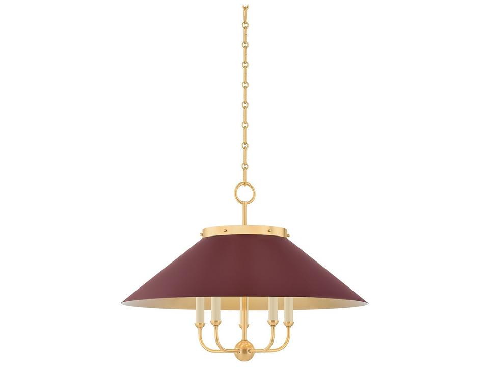 Clivedon 5-Light Aged Brass Soft Crimson Red Chandelier