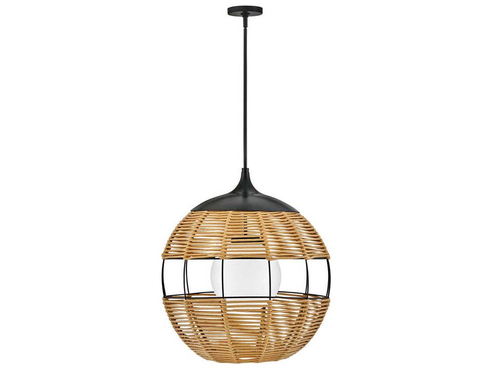 Maddox 1-Light Outdoor Orb Pendant Light in Black with Natural Nylon Rope