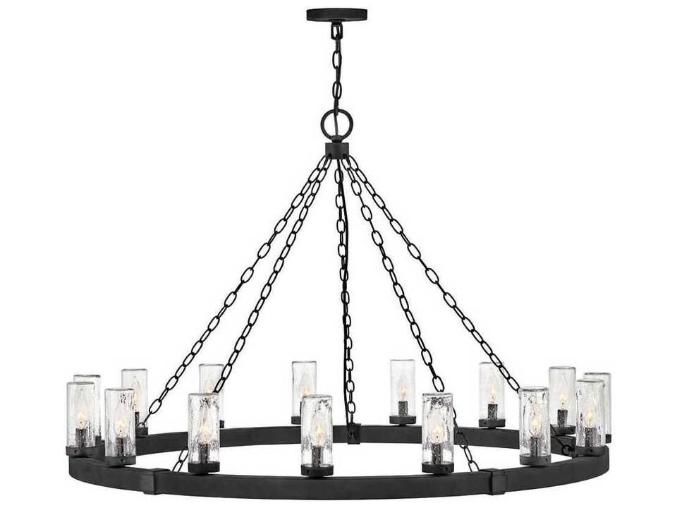 Sawyer 15-Light Outdoor Chandelier in Black with Clear Seedy Glass