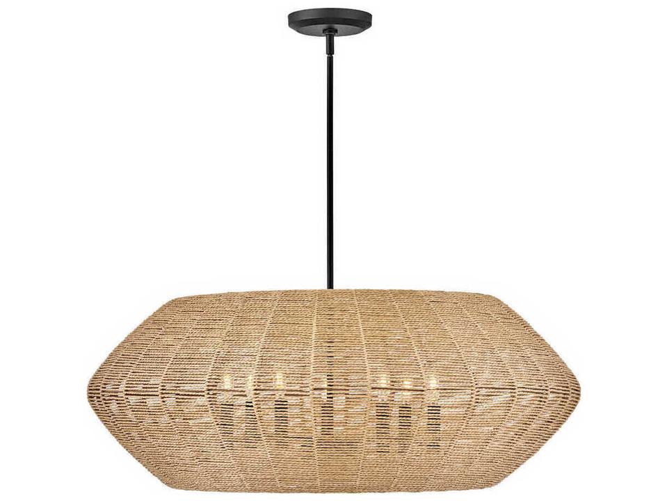 7-Light Luca Drum Chandelier in Black and Camel Rattan