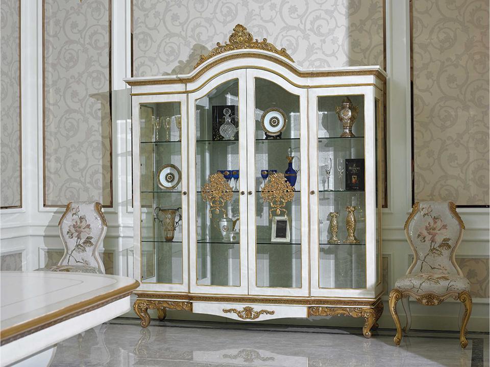 E-57 4-Door Solid Wood Display Cabinet in White and Gold