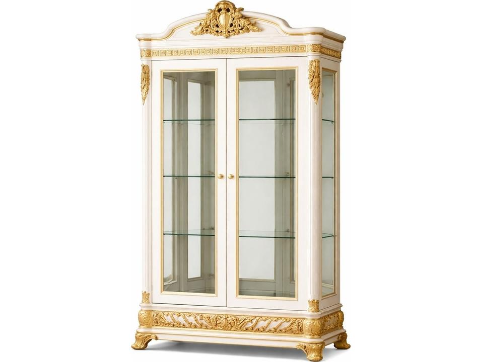 E-62 Beech Wood 2-Door Display Cabinet in White with Gold Accents