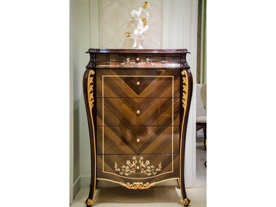 E-70 Brown Walnut Wood 5-Drawer Accent Chest with Gold Accents