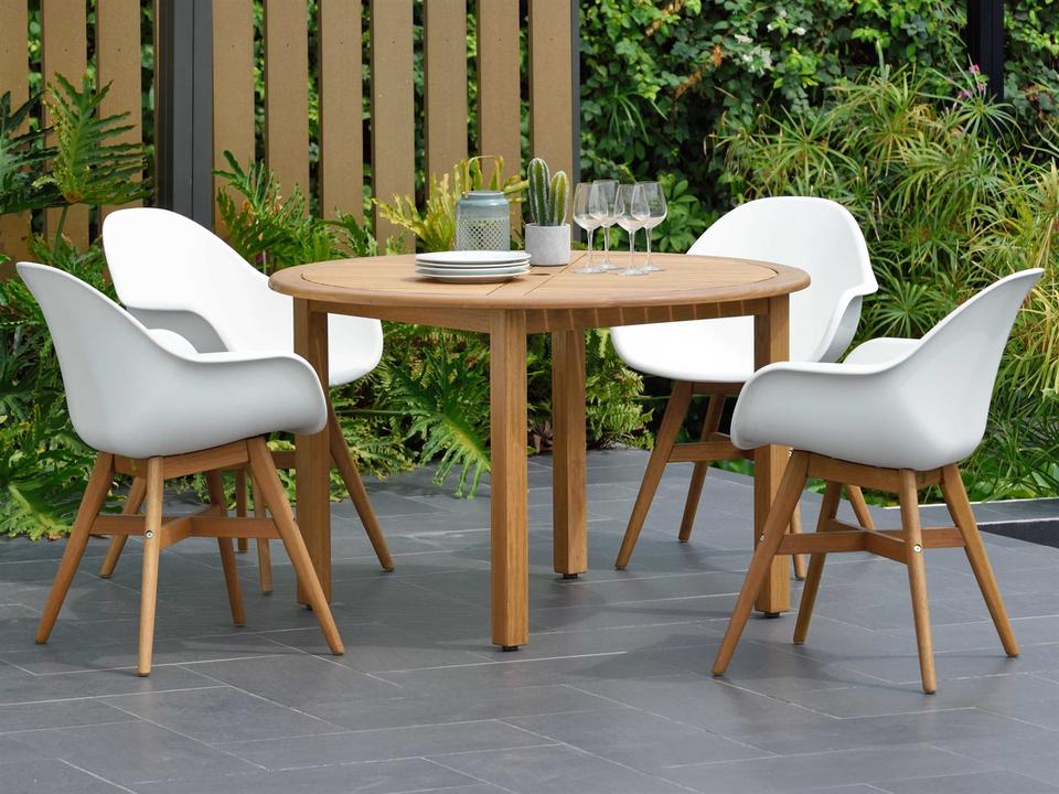 Charlotte 5 Piece Round Eucalyptus Wood Dining Set with White Resin Chairs