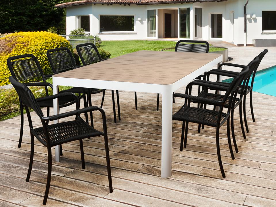 Atlantic Oosterdam 9 Piece Rectangular Outdoor Dining Set in Teak Durawood and Black Aluminum