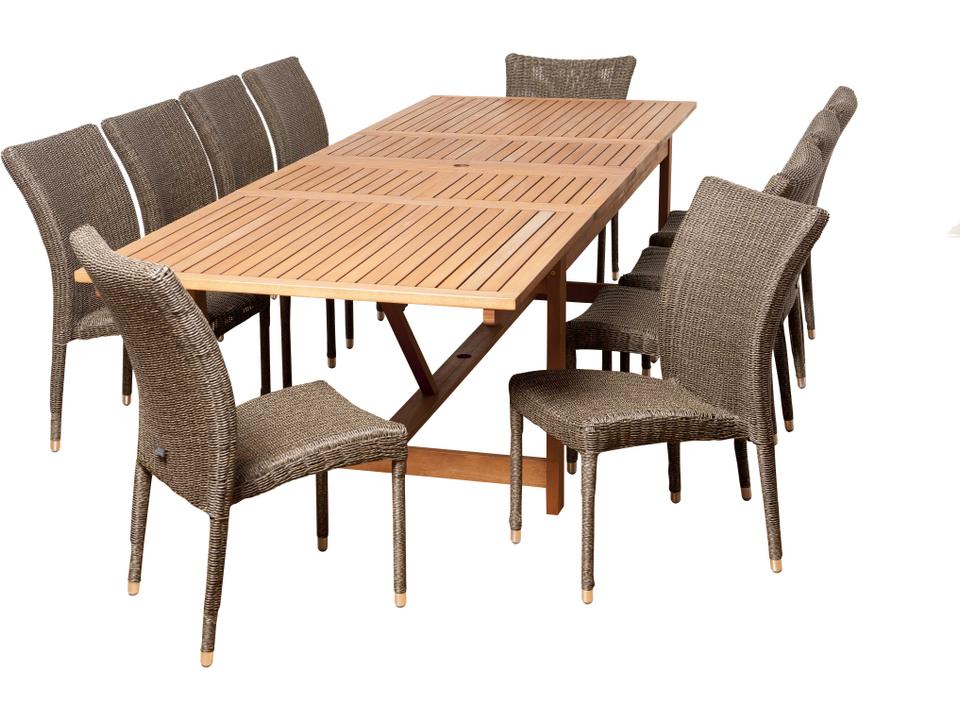 Weston 11 Piece Extendable Dining Set with Eucalyptus and Wicker