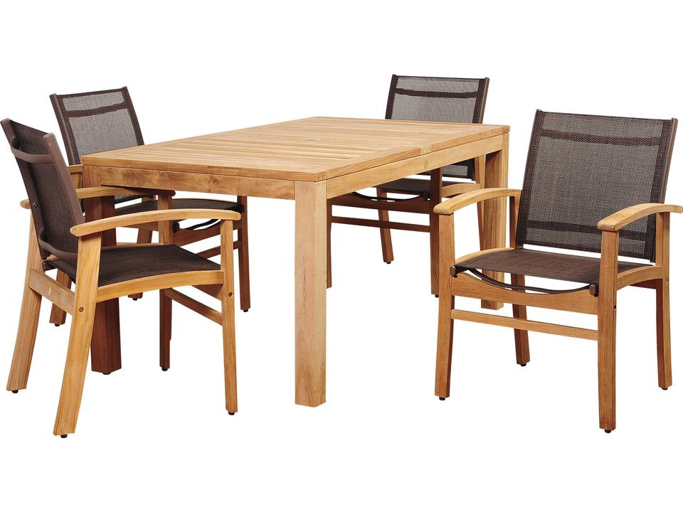 Amazonia Devlin 5 Piece Rectangular Teak Outdoor Dining Set Brown Sling Chairs