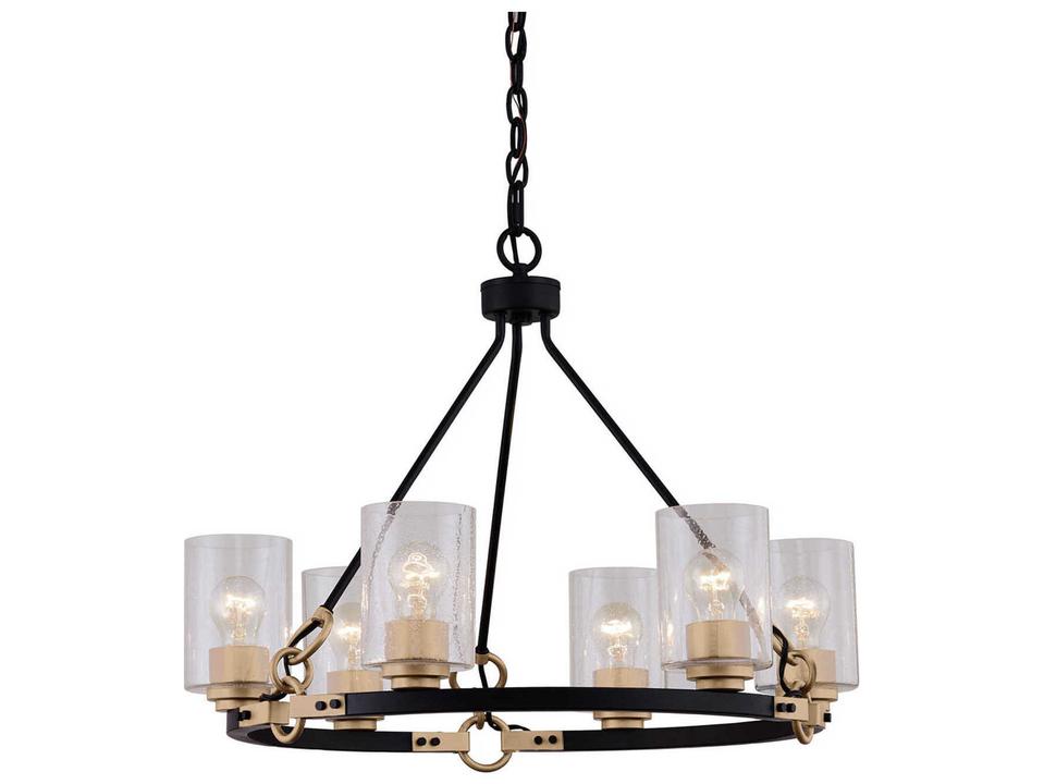 6-Light Richmond Chandelier in Matte Black and Brass with Seeded Glass