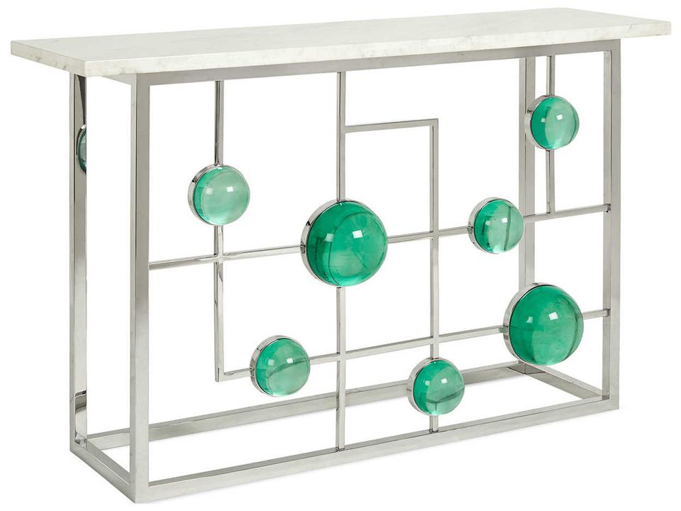 Globo Rectangular Console Table with Emerald Cabochons and Marble Top