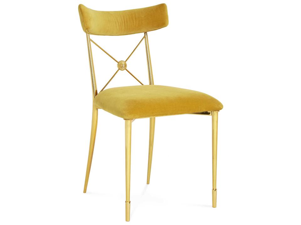Rider Upholstered Side Dining Chair in Rialto Gold Velvet and Polished Brass