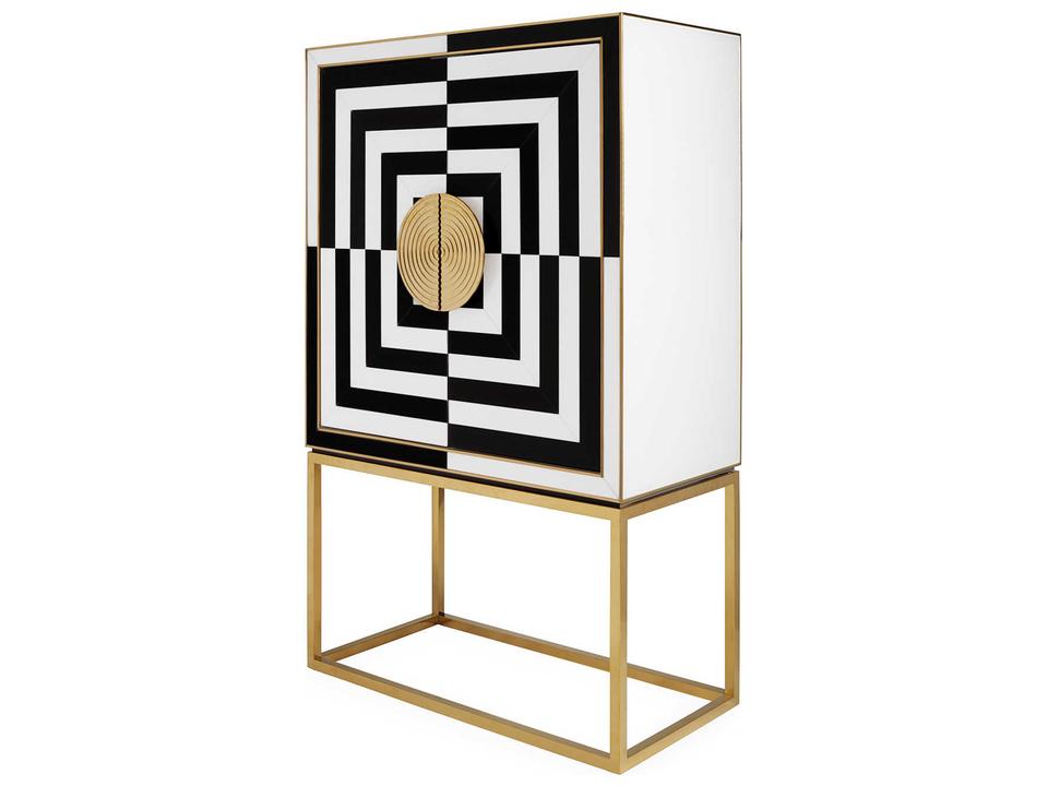 Op Art Bar Cabinet in Charcoal and Ivory Glass with Polished Brass