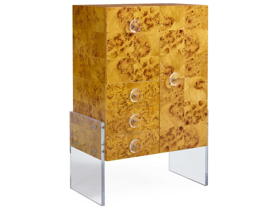 Bond Brown Natural Burled Mappa Clear Acrylic Bar Cabinet