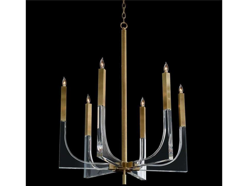 6-Light Acrylic Framed Arm Chandelier in Antique Brass