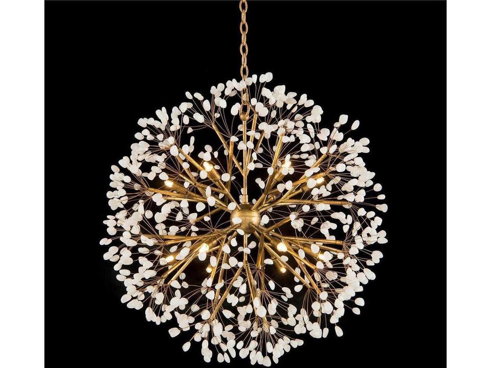 Spherical 12-Light Gold Leaf Chandelier with Quartz Crystals