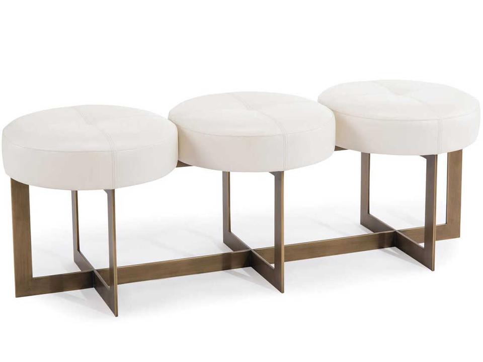 Leah 3-Seat White Leather Button Bench with Antique Brass Base