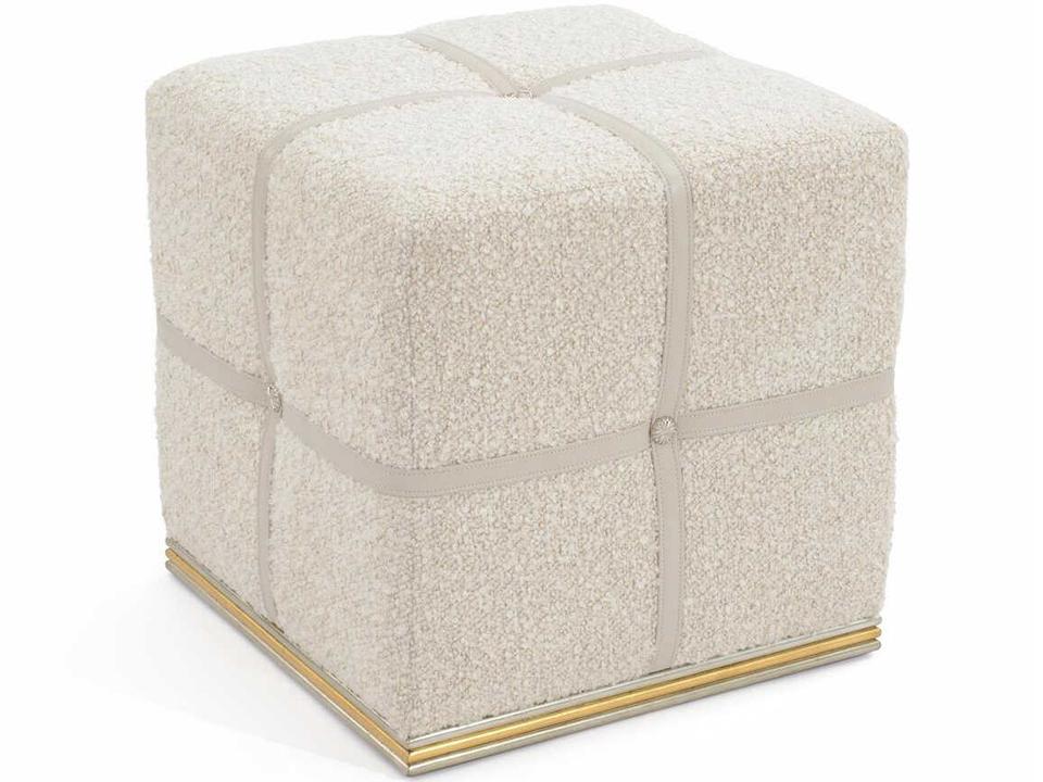 Steamer Trunk Upholstered Ottoman in Pale Taupe and Antique Brass